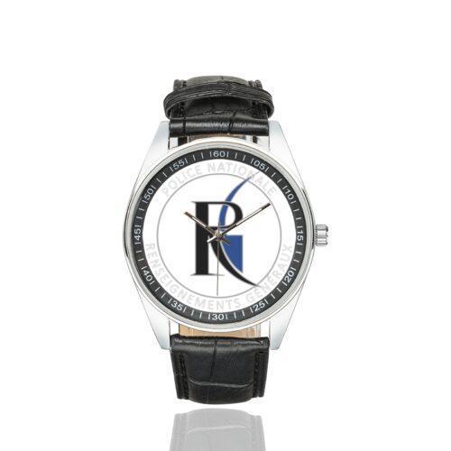 Men's casual watch with a round dial featuring the RG emblem, silver-tone case and black leather strap.