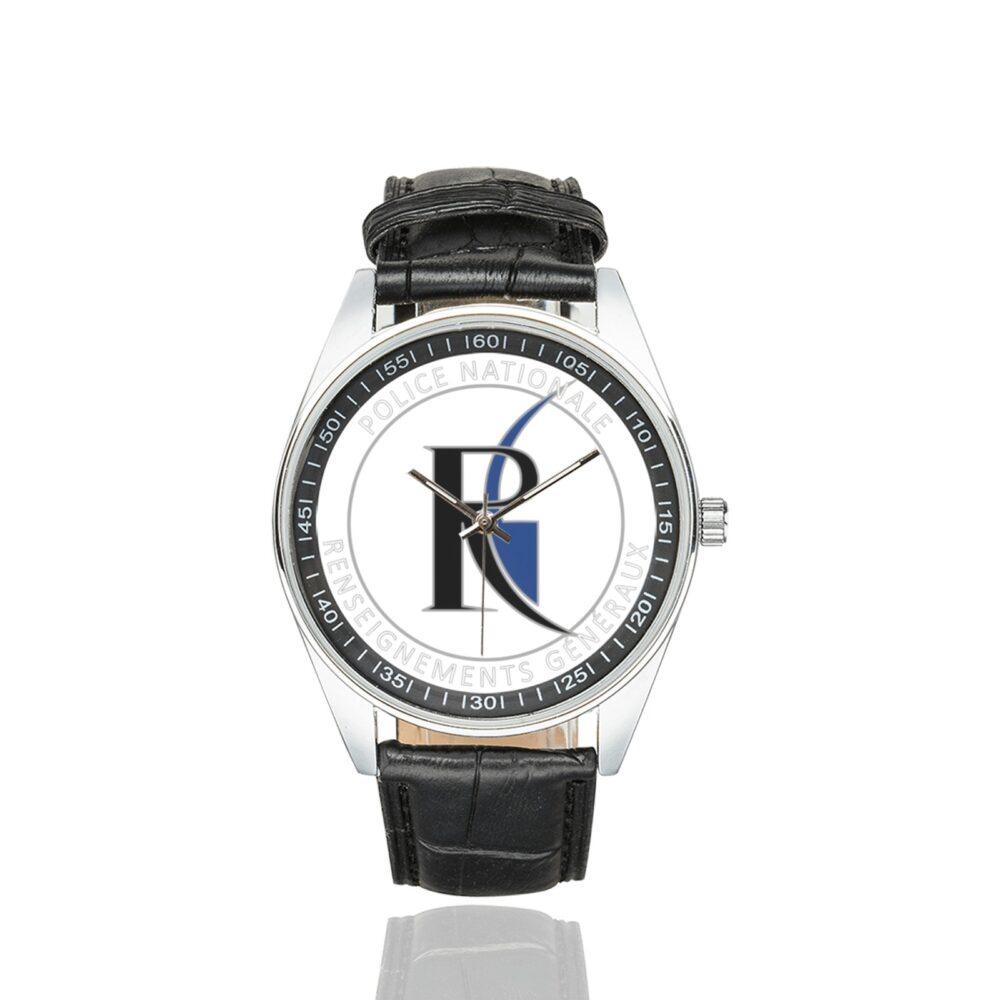 Men's casual watch with a round dial featuring the RG emblem, silver-tone case and black leather strap.