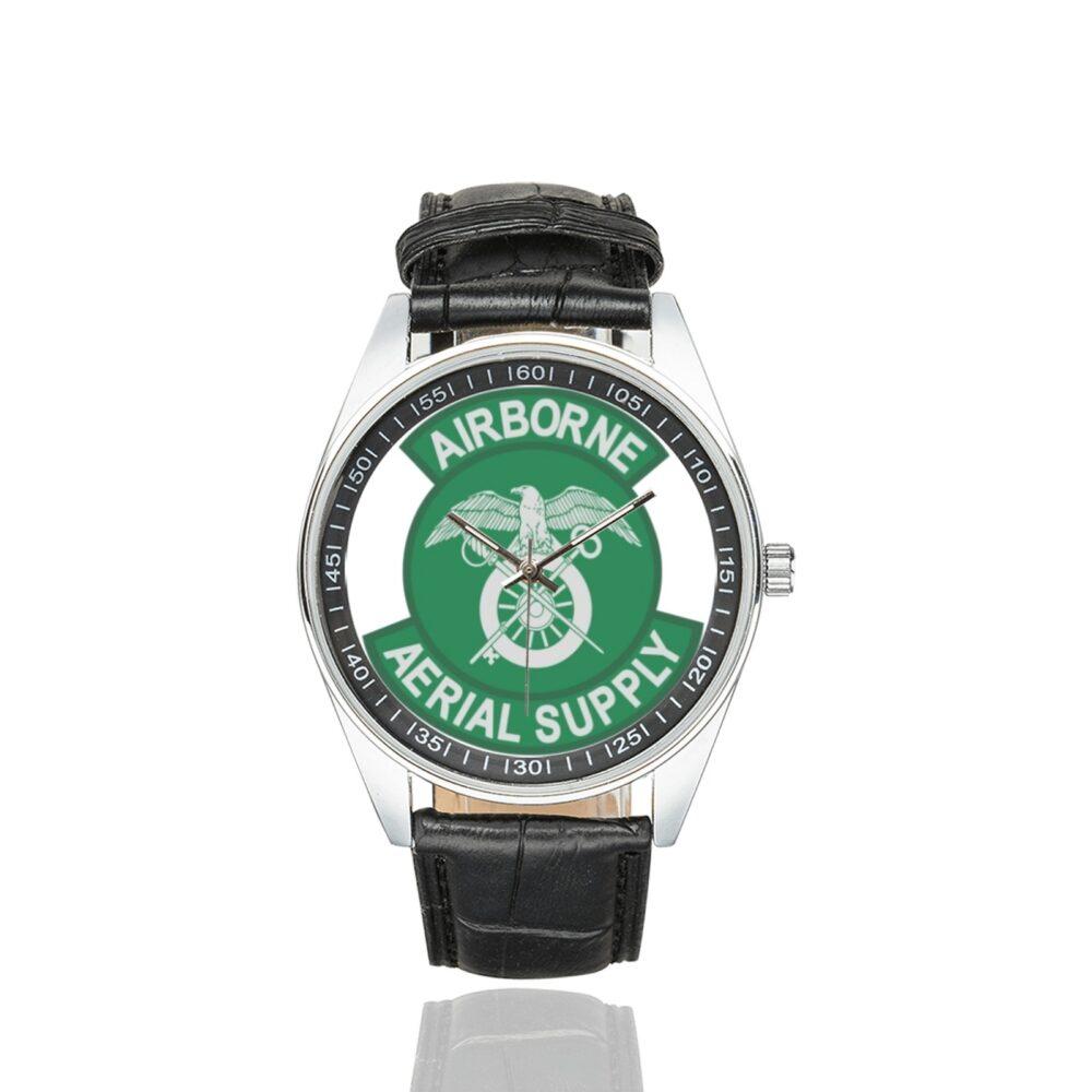Men's casual watch with a round dial featuring the US Army Airborne Aerial Supply emblem, silver-tone case and black leather strap.