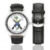 Men's casual watch with a round dial featuring the Vietnam Veteran 23rd Infantry Division emblem, silver-tone case and black leather strap, shown with the strap to the side.