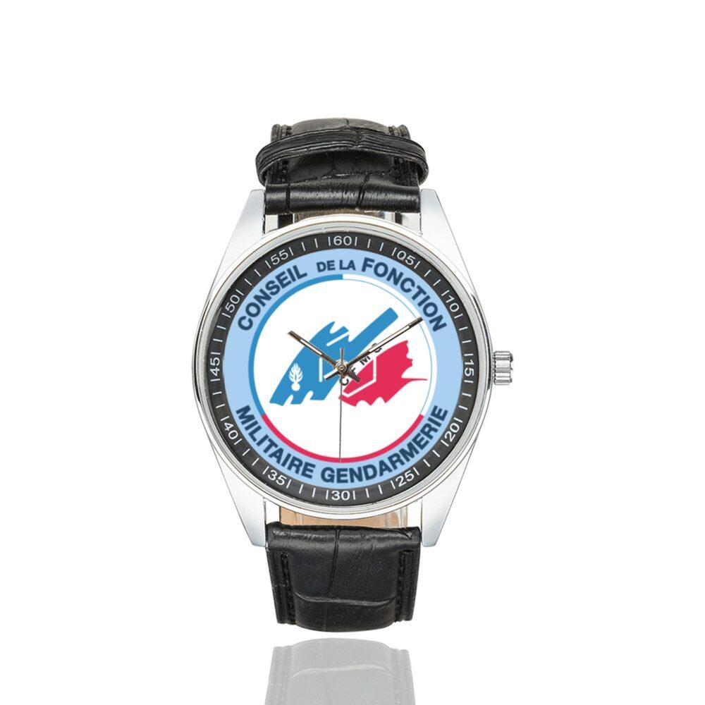 Men's casual watch with a round dial featuring the CFM Gendarmerie emblem, silver-tone case and black leather strap.