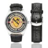 Men's casual watch with a round dial featuring the US Army 1st Cavalry Division Iraq Veteran emblem, silver-tone case and black leather strap, shown with the strap to the side.