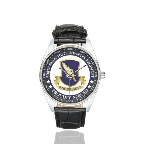 Men's casual watch with a round dial featuring the US Army 504th Parachute Infantry Regt. veteran emblem, silver-tone case and black leather strap.