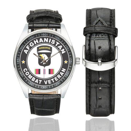 Men's casual watch with a round dial featuring the US Army 101st Airborne OEF Afghanistan Combat Veteran emblem, silver-tone case and black leather strap, shown with the strap to the side.