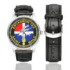 Men's casual watch with a round dial featuring the EGM 12-3 Saint-Malo emblem, silver-tone case and black leather strap, shown with the strap to the side.