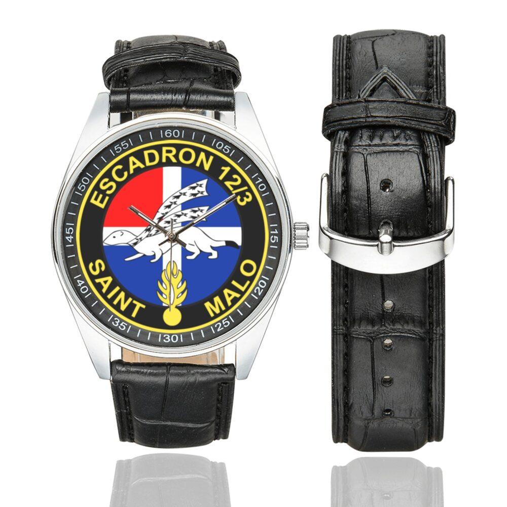Men's casual watch with a round dial featuring the EGM 12-3 Saint-Malo emblem, silver-tone case and black leather strap, shown with the strap to the side.