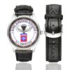 Men's casual watch with a round dial featuring the 82nd Airborne emblem, silver-tone case and black leather strap, shown with the strap to the side.