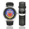Men's casual watch with a round dial featuring the EG Tulle emblem, silver-tone case and black leather strap, shown with the strap to the side.