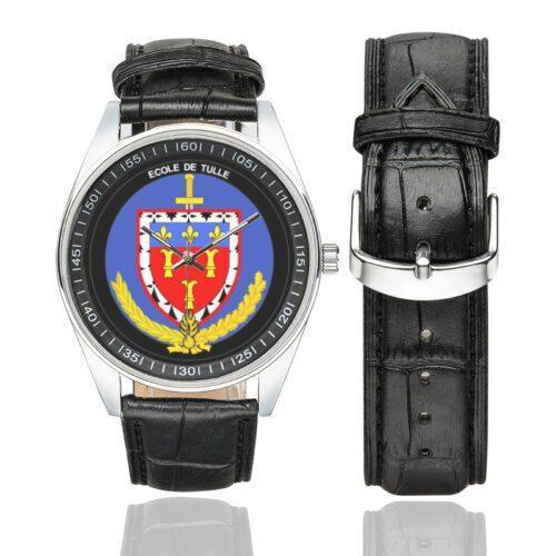 Men's casual watch with a round dial featuring the EG Tulle emblem, silver-tone case and black leather strap, shown with the strap to the side.
