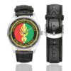Men's casual watch with a round dial featuring the EGM 28-2 La Réole emblem, silver-tone case and black leather strap, shown with the strap to the side.