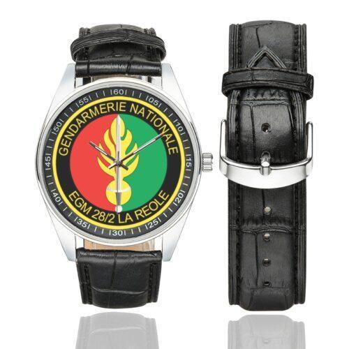 Men's casual watch with a round dial featuring the EGM 28-2 La Réole emblem, silver-tone case and black leather strap, shown with the strap to the side.