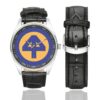 Men's casual watch with a round dial featuring the 44 INF DIV SSI emblem, silver-tone case and black leather strap, shown with the strap to the side.