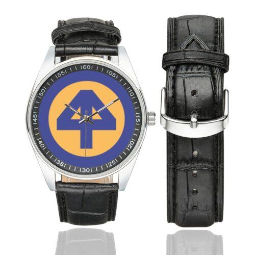 Men's casual watch with a round dial featuring the 44 INF DIV SSI emblem, silver-tone case and black leather strap, shown with the strap to the side.
