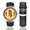 Men's casual watch with a round dial featuring the US Army 1st Signal Brigade Vietnam Veteran emblem, silver-tone case and black leather strap, shown with the strap to the side.