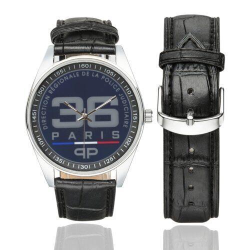 Men's casual watch with a round dial featuring the DRPJ 36 emblem, silver-tone case and black leather strap, shown with the strap to the side.