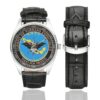 Men's casual watch with a round dial featuring the Mexican Special Forces emblem, silver-tone case and black leather strap, shown with the strap to the side.