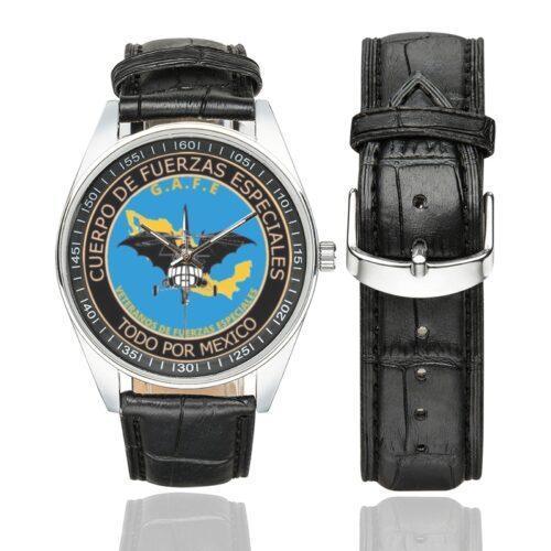Men's casual watch with a round dial featuring the Mexican Special Forces emblem, silver-tone case and black leather strap, shown with the strap to the side.