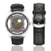 Men's casual watch with a round dial featuring the US Army 1-230th Assault Helicopter Battalion emblem, silver-tone case and black leather strap, shown with the strap to the side.