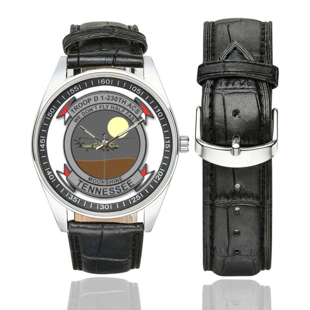 Men's casual watch with a round dial featuring the US Army 1-230th Assault Helicopter Battalion emblem, silver-tone case and black leather strap, shown with the strap to the side.