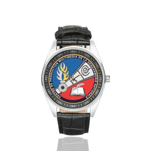 Men's casual watch with a round dial featuring the CPMGN emblem, silver-tone case and black leather strap.