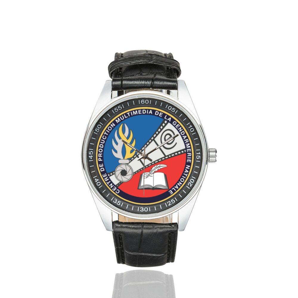 Men's casual watch with a round dial featuring the CPMGN emblem, silver-tone case and black leather strap.