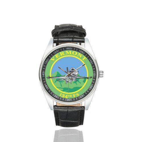 Men's casual watch with a round dial featuring the USAF 134th Fighter Squadron Vermont Air Guard emblem, silver-tone case and black leather strap.
