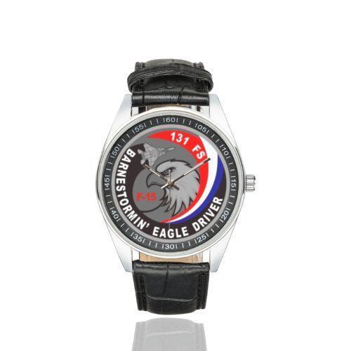 Men's casual watch with a round dial featuring the USAF 131st Fighter Squadron Eagle Driver emblem, silver-tone case and black leather strap.