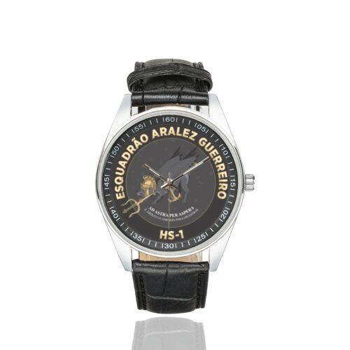Men's casual watch with a round dial featuring the Brazilian 1st Anti-Submarine Helicopter Squadron emblem, silver-tone case and black leather strap.