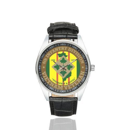 Men's casual watch with a round dial featuring the US Army 4th Infantry Division Vietnam Veteran emblem, silver-tone case and black leather strap.