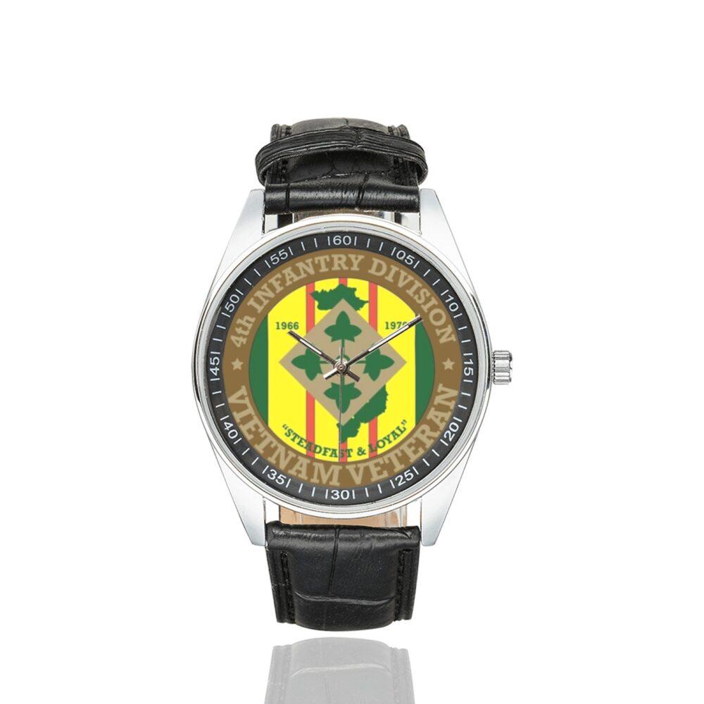 Men's casual watch with a round dial featuring the US Army 4th Infantry Division Vietnam Veteran emblem, silver-tone case and black leather strap.