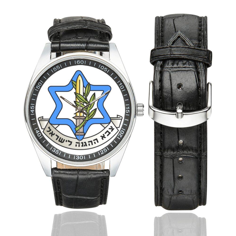 Men's casual watch with a round dial featuring the israel-defense-forces emblem, silver-tone case and black leather strap, shown with the strap to the side.
