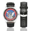 Men's casual watch with a round dial featuring the USAF 4th Airlift Squadron emblem, silver-tone case and black leather strap, shown with the strap to the side.