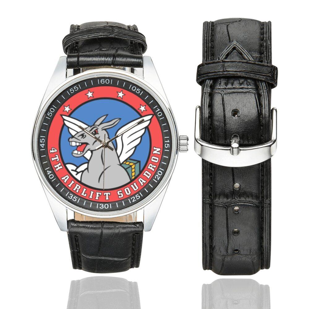 Men's casual watch with a round dial featuring the USAF 4th Airlift Squadron emblem, silver-tone case and black leather strap, shown with the strap to the side.