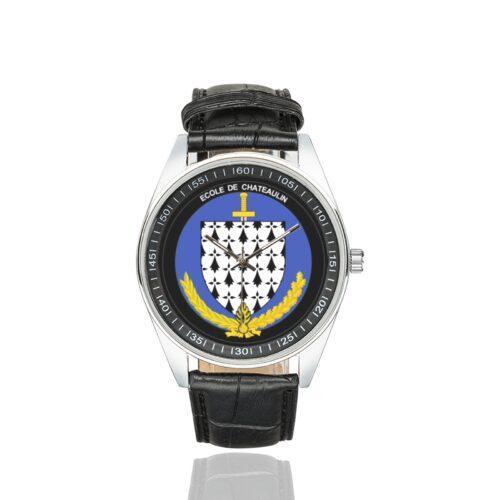 Men's casual watch with a round dial featuring the EG Chateaulin emblem, silver-tone case and black leather strap.