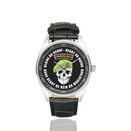 Men's casual watch with a round dial featuring the Irish Army Ranger Sciathán Fiannóglaigh an Airm emblem, silver-tone case and black leather strap.