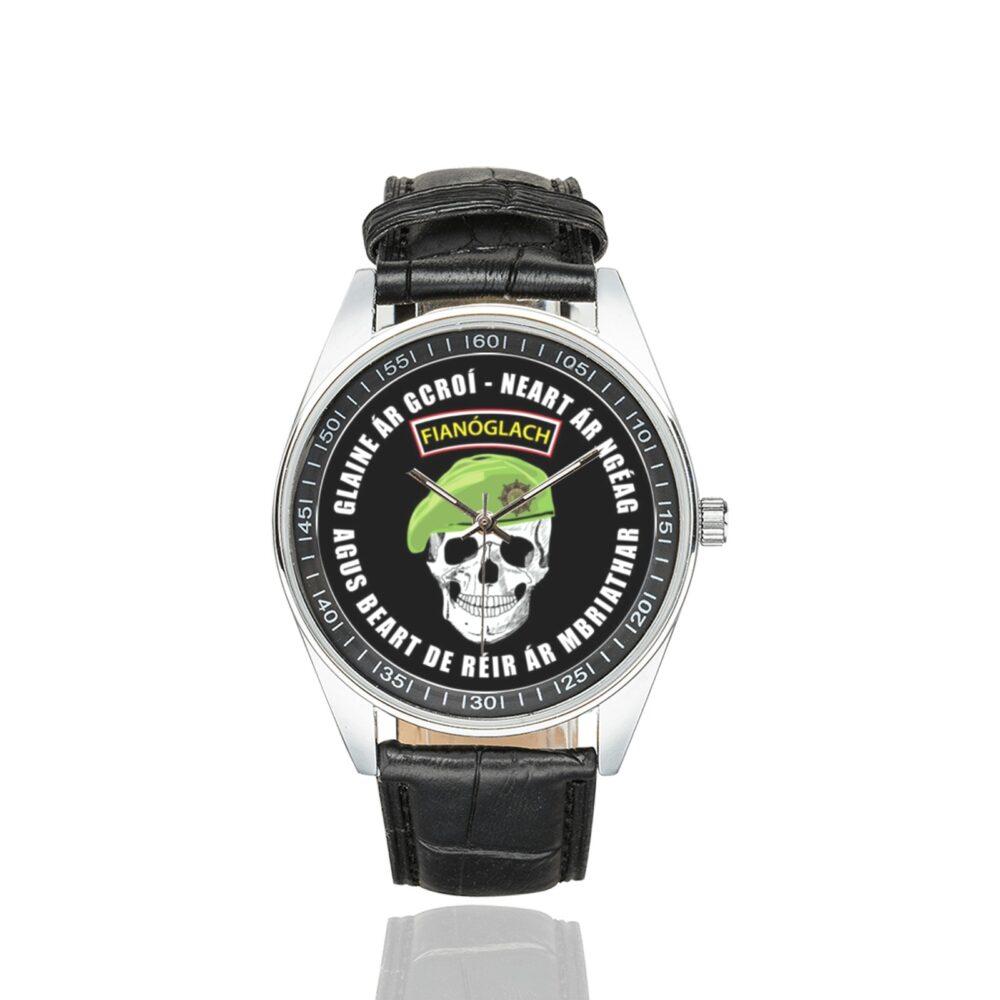 Men's casual watch with a round dial featuring the Irish Army Ranger Sciathán Fiannóglaigh an Airm emblem, silver-tone case and black leather strap.