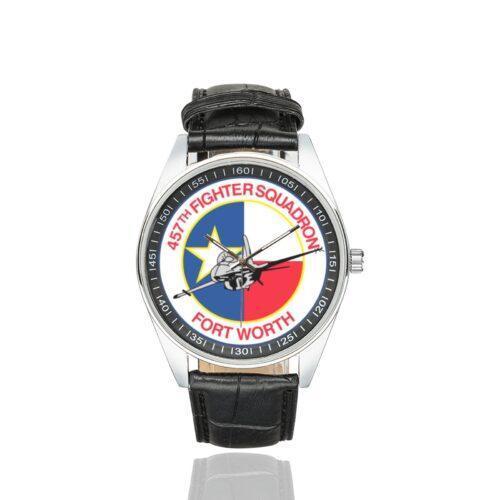 Men's casual watch with a round dial featuring the USAF 457th Fighter Squadron emblem, silver-tone case and black leather strap.