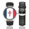 Men's casual watch with a round dial featuring the Free France (1940-1944) emblem, silver-tone case and black leather strap, shown with the strap to the side.