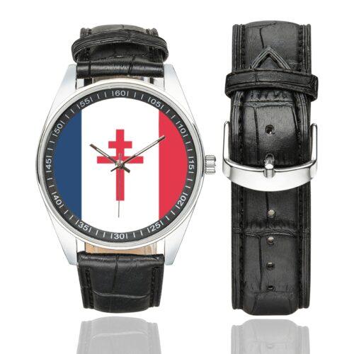 Men's casual watch with a round dial featuring the Free France (1940-1944) emblem, silver-tone case and black leather strap, shown with the strap to the side.
