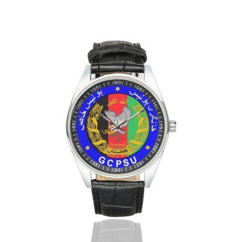 Men's casual watch with a round dial featuring the Afghanistan Global Command Provincial Special Units emblem, silver-tone case and black leather strap.