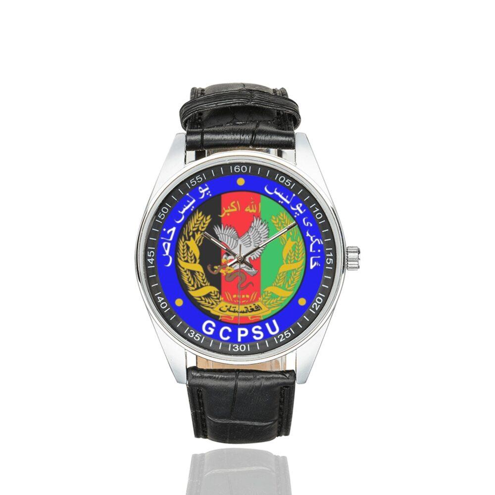 Men's casual watch with a round dial featuring the Afghanistan Global Command Provincial Special Units emblem, silver-tone case and black leather strap.