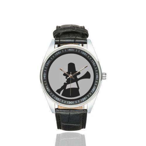 Men's casual watch with a round dial featuring the US 94th Infantry Division emblem, silver-tone case and black leather strap.