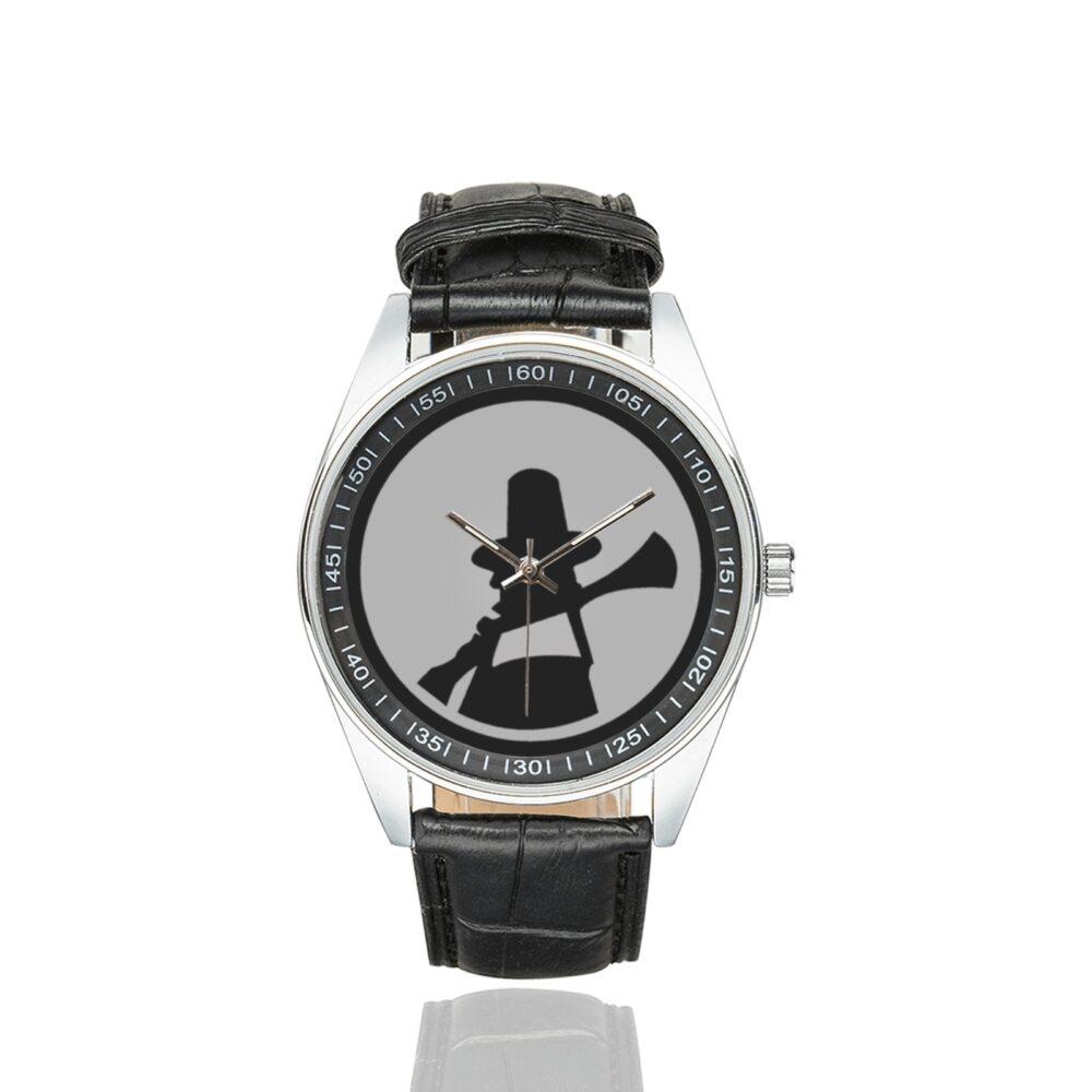 Men's casual watch with a round dial featuring the US 94th Infantry Division emblem, silver-tone case and black leather strap.