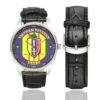 Men's casual watch with a round dial featuring the US Army USARV Vietnam Veteran emblem, silver-tone case and black leather strap, shown with the strap to the side.