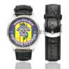 Men's casual watch with a round dial featuring the US Army MAAG Vietnam Veteran emblem, silver-tone case and black leather strap, shown with the strap to the side.