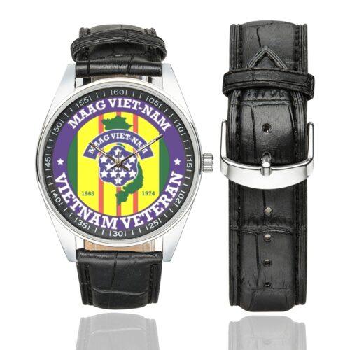Men's casual watch with a round dial featuring the US Army MAAG Vietnam Veteran emblem, silver-tone case and black leather strap, shown with the strap to the side.