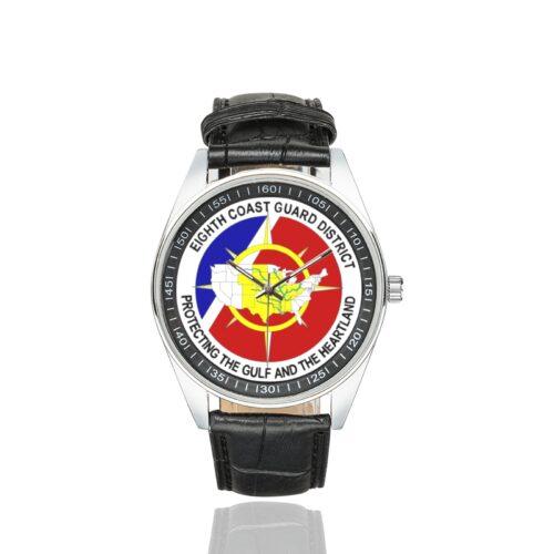 Men's casual watch with a round dial featuring the US Eighth Coast Guard District emblem, silver-tone case and black leather strap.