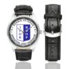 Men's casual watch with a round dial featuring the Bosnia Veteran Operation Joint Endeavor emblem, silver-tone case and black leather strap, shown with the strap to the side.