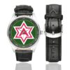 Men's casual watch with a round dial featuring the US Sixth Army emblem, silver-tone case and black leather strap, shown with the strap to the side.