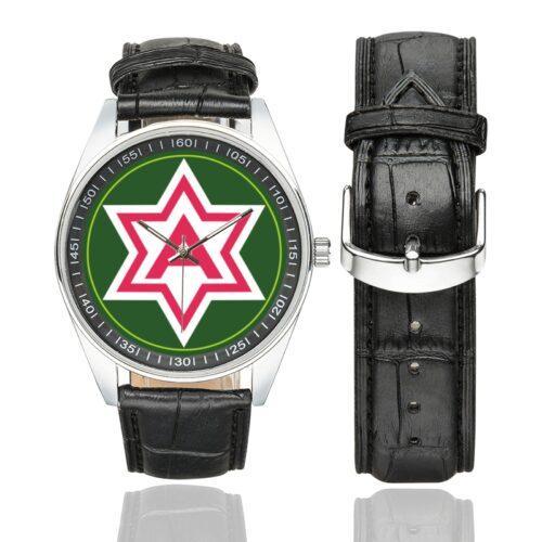 Men's casual watch with a round dial featuring the US Sixth Army emblem, silver-tone case and black leather strap, shown with the strap to the side.
